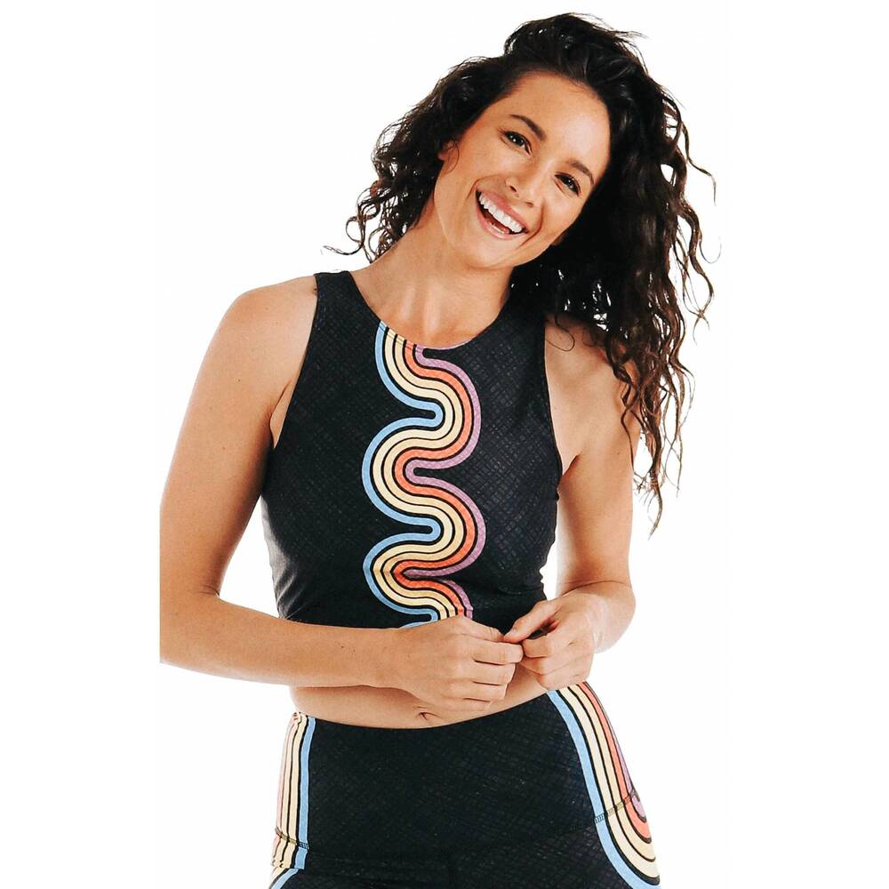 NEW YOGA DEMOCRACY women's reversible knot top in double rainbow